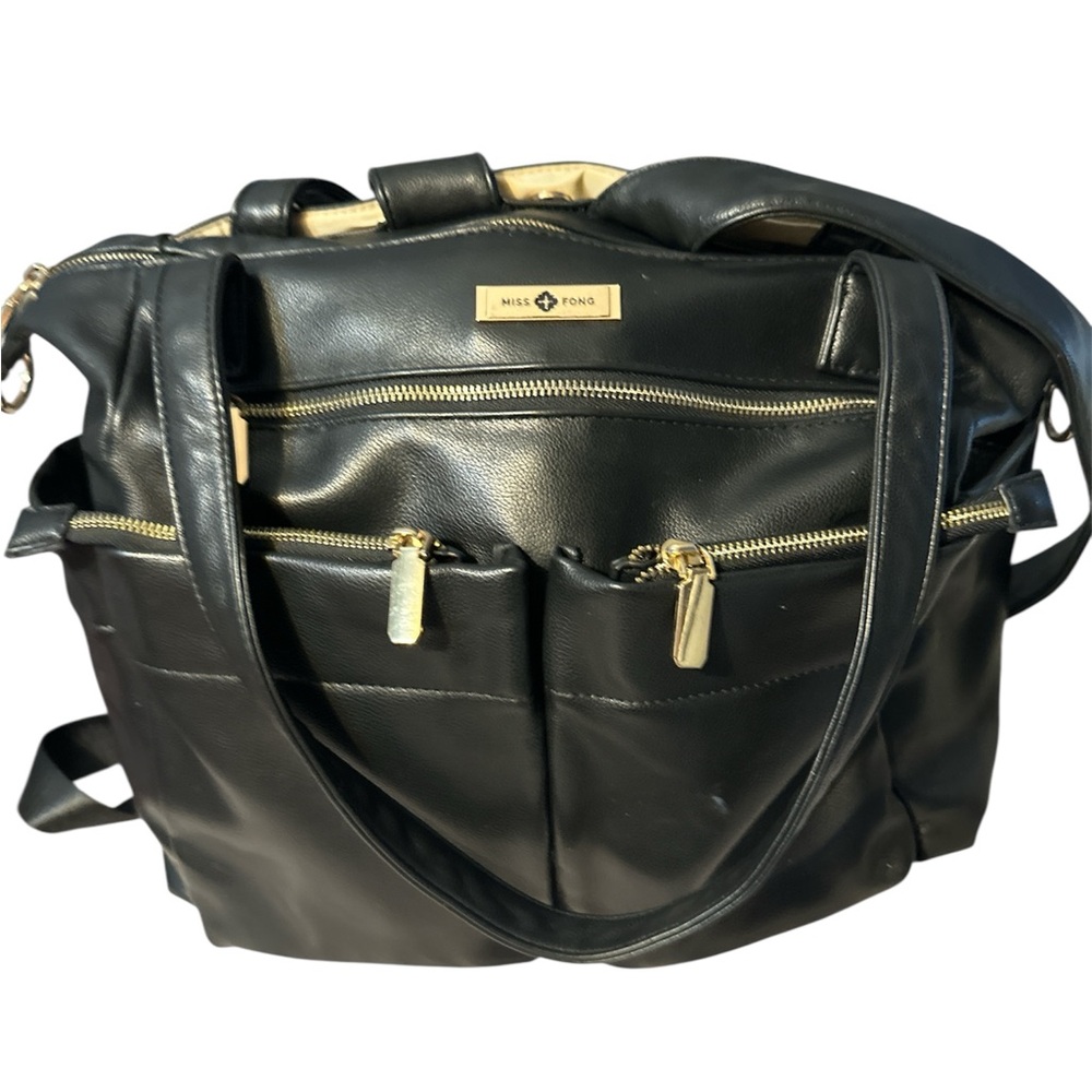 Miss fong soft Black Leather Baby Bag so many pockets insulated good accents new